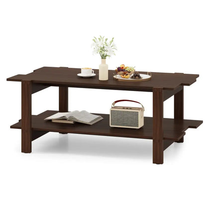 2-Tier Coffee Table Slatted Wood Center Table with Storage Shelf-Walnut Costway