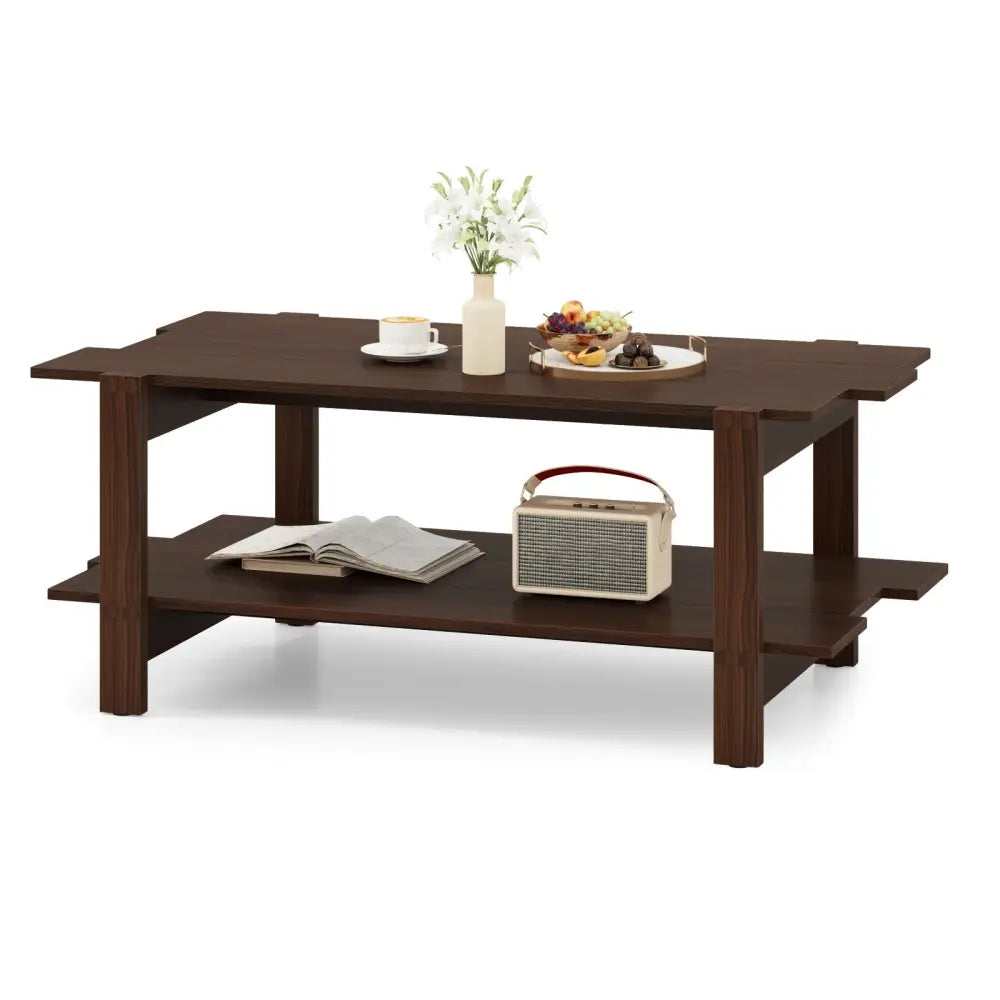 2-Tier Coffee Table Slatted Wood Center Table with Storage Shelf-Walnut Costway