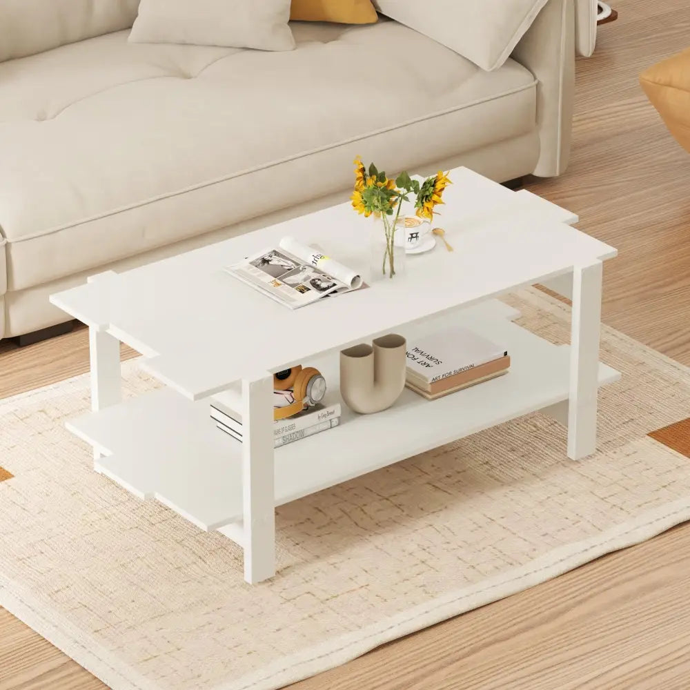 2-Tier Coffee Table Slatted Wood Center Table with Storage Shelf-White Costway