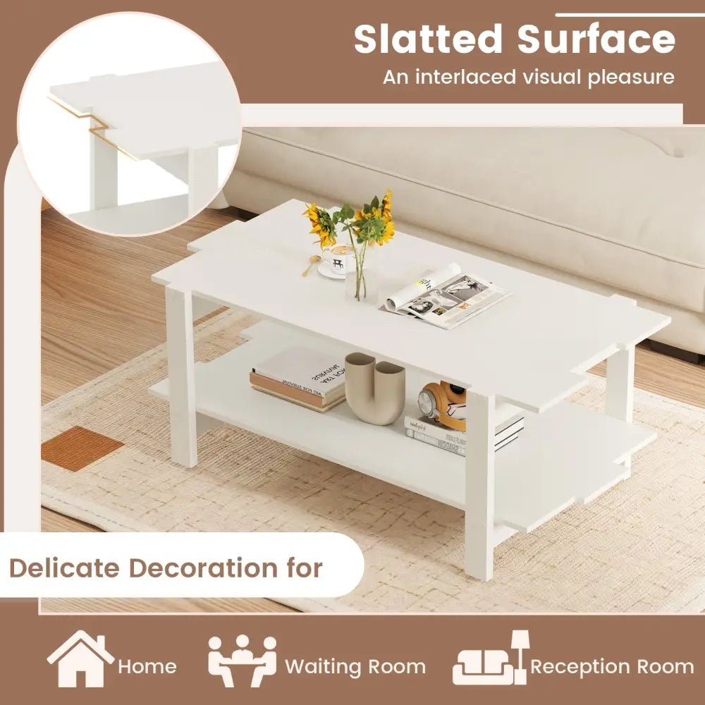 2-Tier Coffee Table Slatted Wood Center Table with Storage Shelf-White Costway