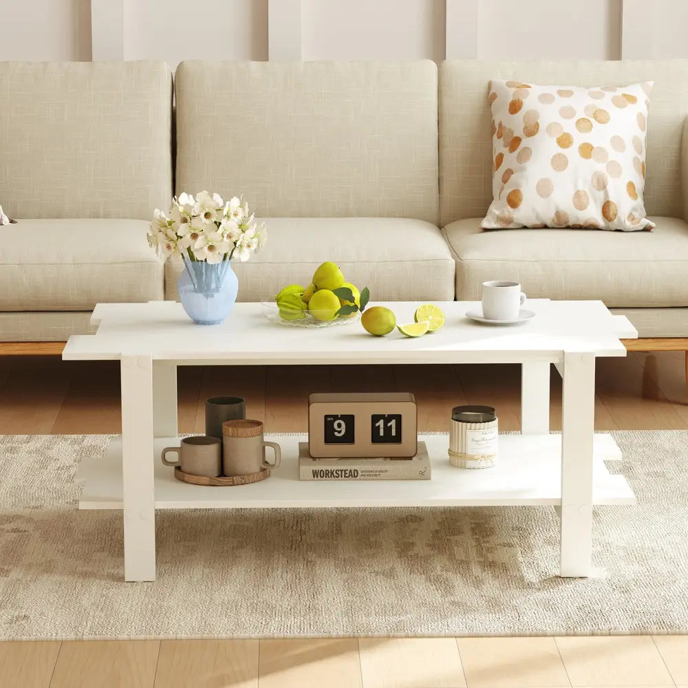 2-Tier Coffee Table Slatted Wood Center Table with Storage Shelf-White Costway