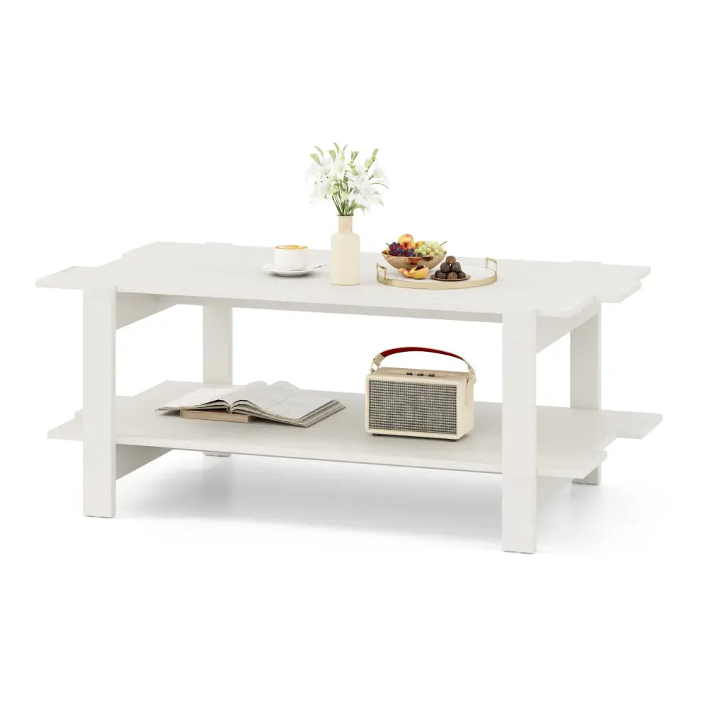 2-Tier Coffee Table Slatted Wood Center Table with Storage Shelf-White - White - Coffee Tables