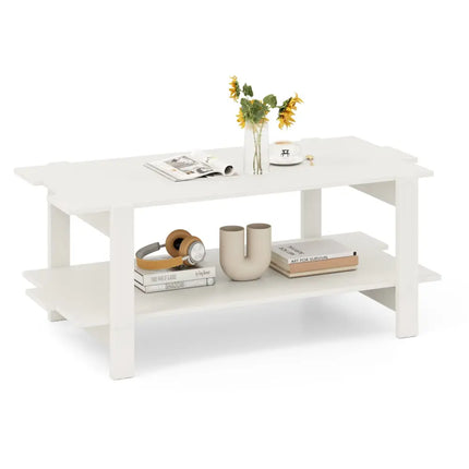 2-Tier Coffee Table Slatted Wood Center Table with Storage Shelf-White Costway