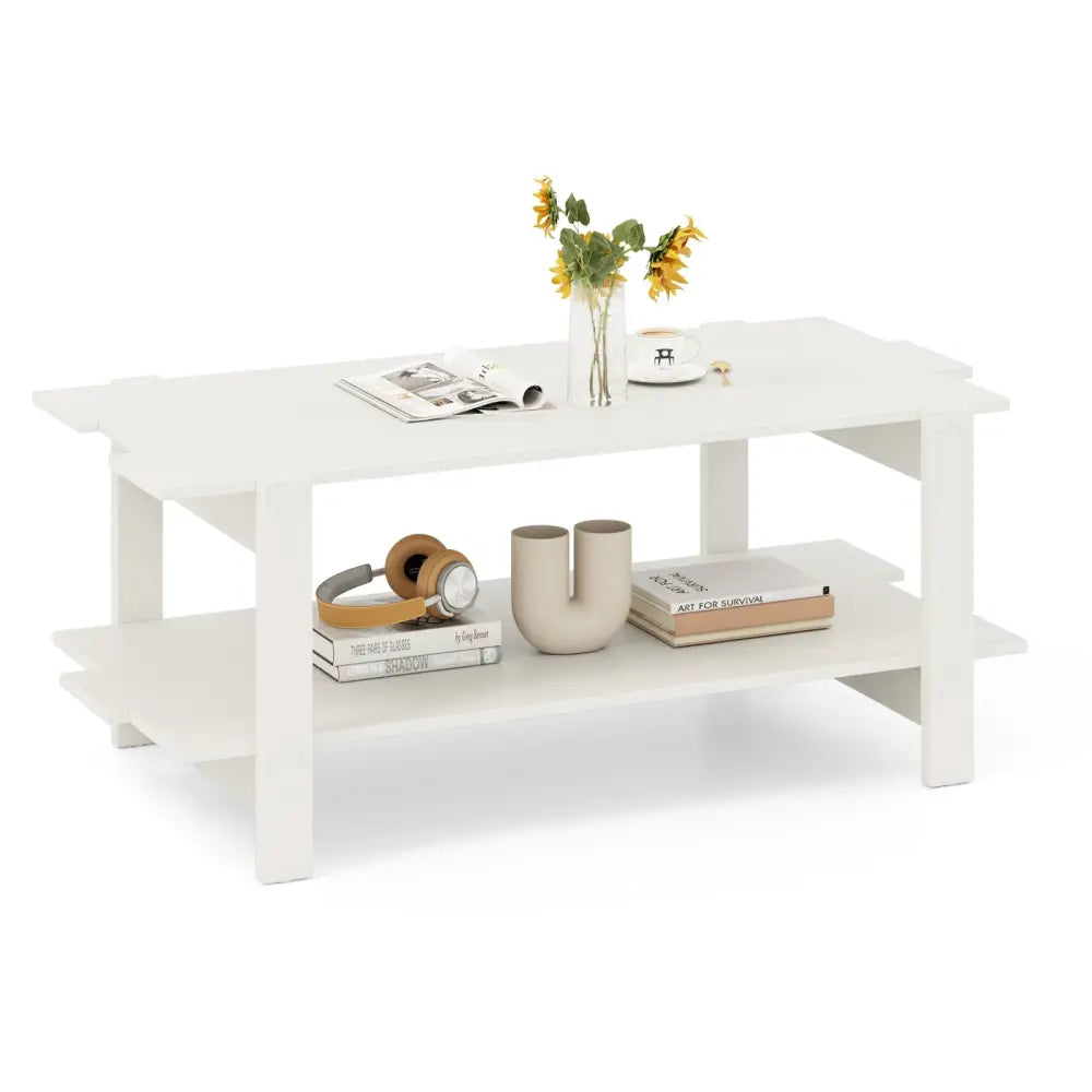 2-Tier Coffee Table Slatted Wood Center Table with Storage Shelf-White Costway