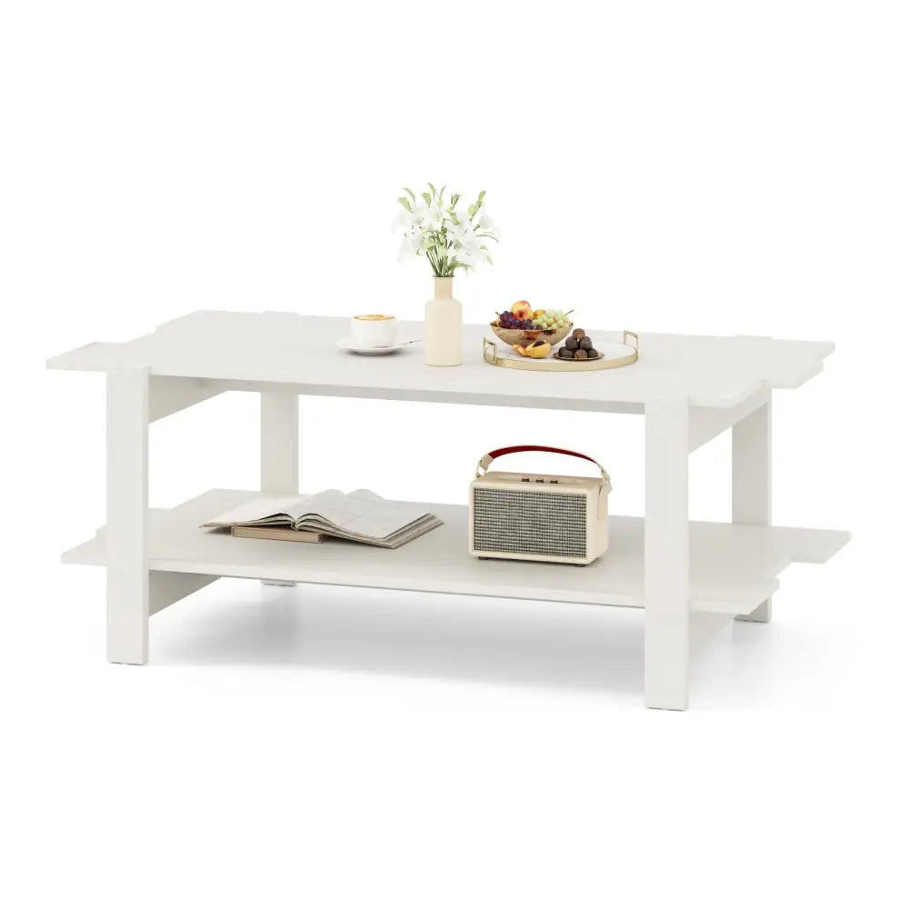 2-Tier Coffee Table Slatted Wood Center Table with Storage Shelf-White Costway