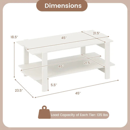 2-Tier Coffee Table Slatted Wood Center Table with Storage Shelf-White Costway