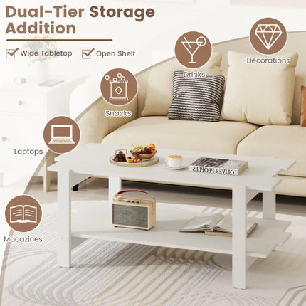 2-Tier Coffee Table Slatted Wood Center Table with Storage Shelf-White Costway