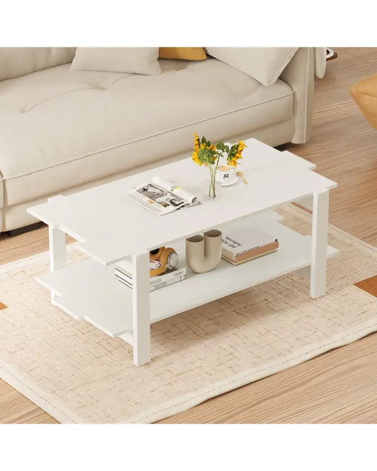 2-Tier Coffee Table Slatted Wood Center Table with Storage Shelf-White - White - Coffee Tables