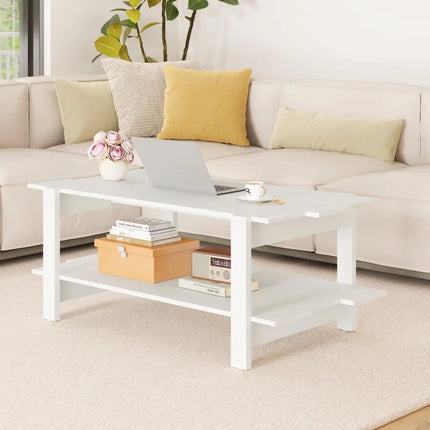 2-Tier Coffee Table Slatted Wood Center Table with Storage Shelf-White Costway