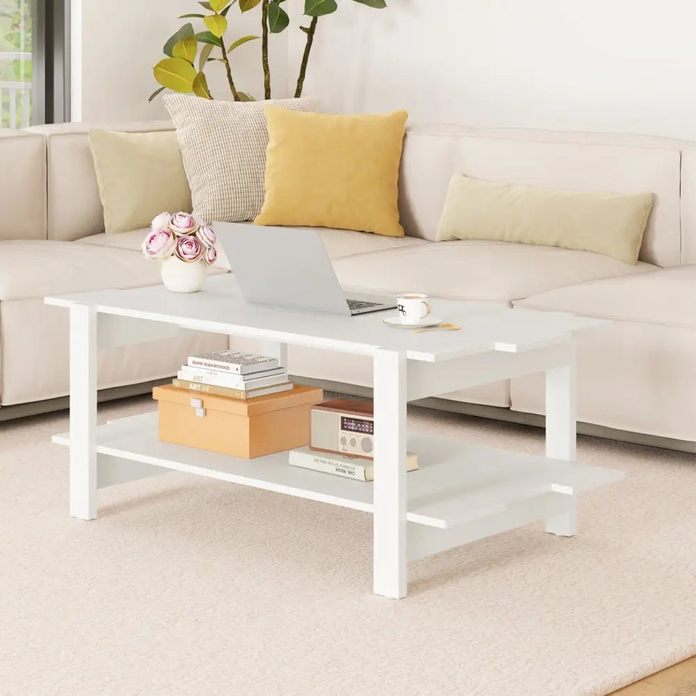 2-Tier Coffee Table Slatted Wood Center Table with Storage Shelf-White Costway