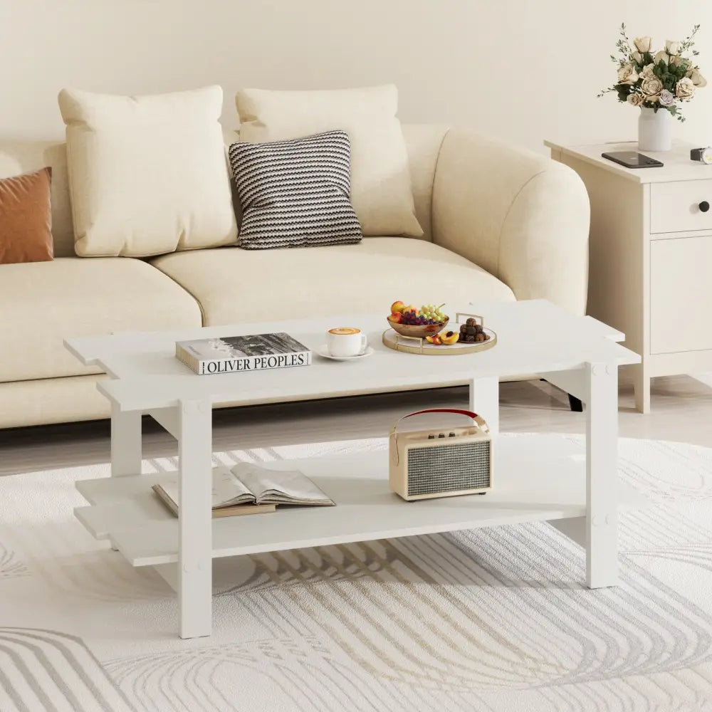 2-Tier Coffee Table Slatted Wood Center Table with Storage Shelf-White Costway