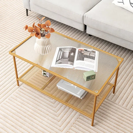 2-Tier Coffee Table with Shelf Center Tea Table with Tempered Glass Top-Golden Costway