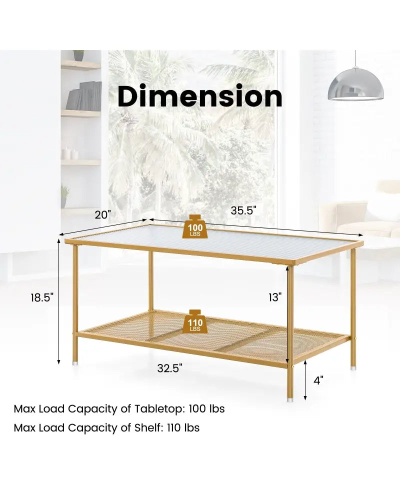 2-Tier Coffee Table with Shelf Center Tea Table with Tempered Glass Top-Golden - Golden - Coffee Tables