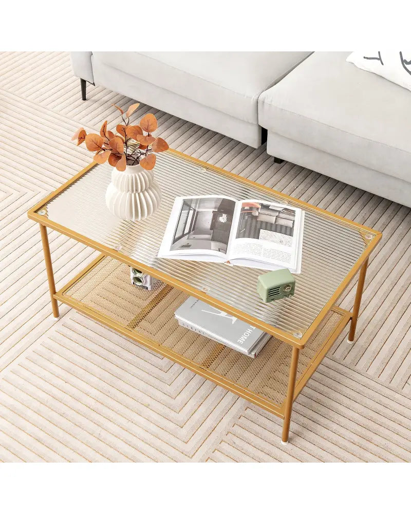 2-Tier Coffee Table with Shelf Center Tea Table with Tempered Glass Top-Golden - Golden - Coffee Tables