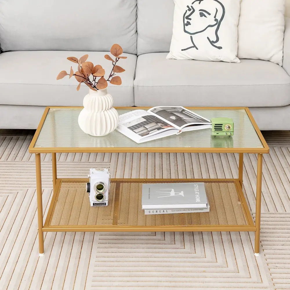 2-Tier Coffee Table with Shelf Center Tea Table with Tempered Glass Top-Golden Costway