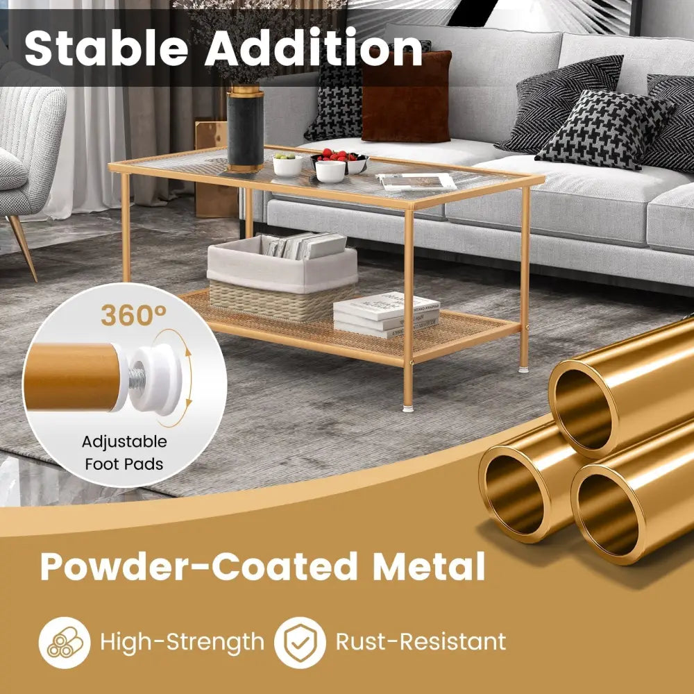2-Tier Coffee Table with Shelf Center Tea Table with Tempered Glass Top-Golden Costway