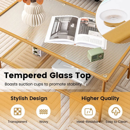 2-Tier Coffee Table with Shelf Center Tea Table with Tempered Glass Top-Golden Costway