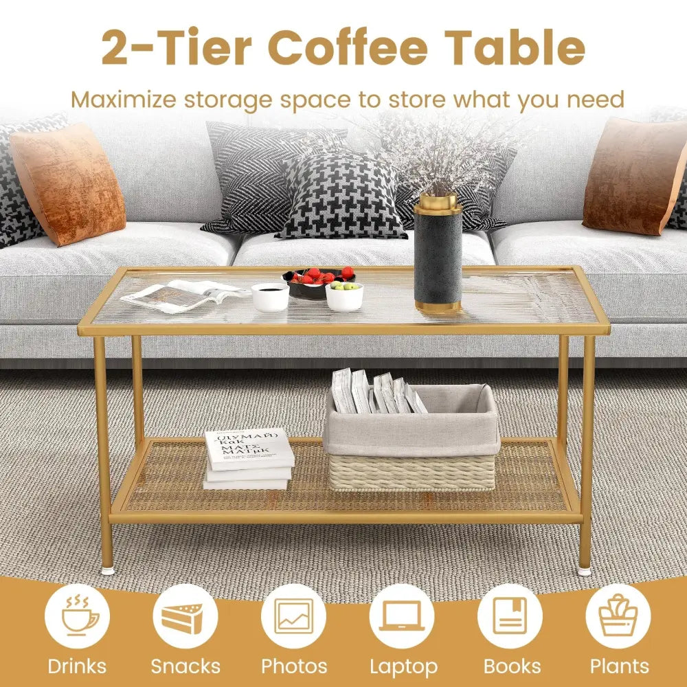 2-Tier Coffee Table with Shelf Center Tea Table with Tempered Glass Top-Golden Costway