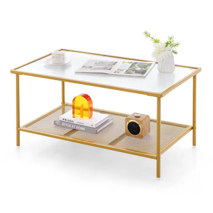 2-Tier Coffee Table with Shelf Center Tea Table with Tempered Glass Top-Golden Costway