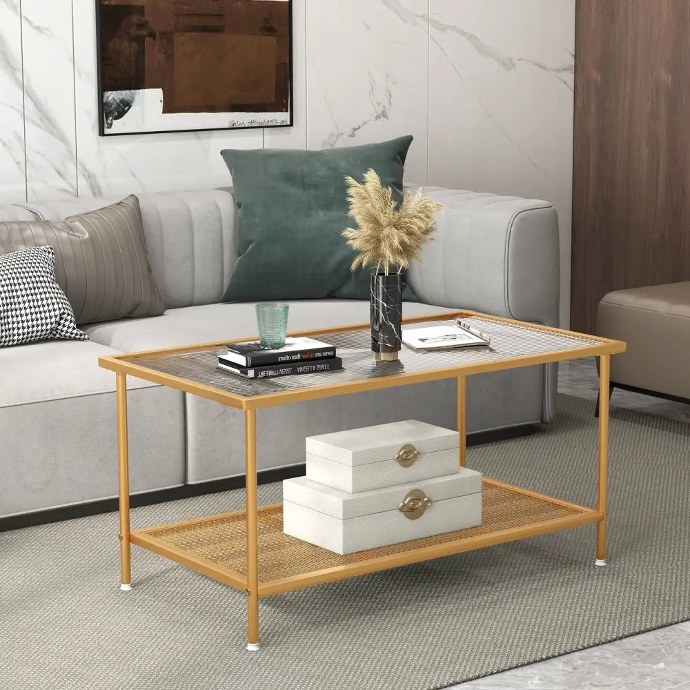 2-Tier Coffee Table with Shelf Center Tea Table with Tempered Glass Top-Golden Costway