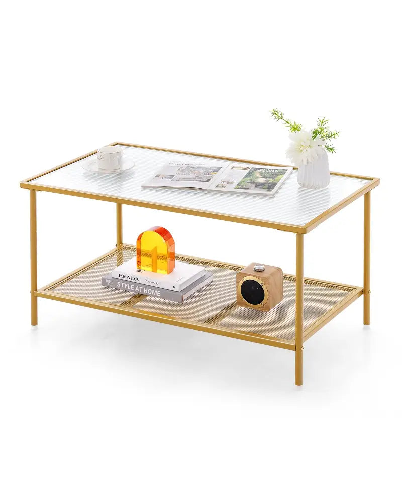 2-Tier Coffee Table with Shelf Center Tea Table with Tempered Glass Top-Golden - Golden - Coffee Tables