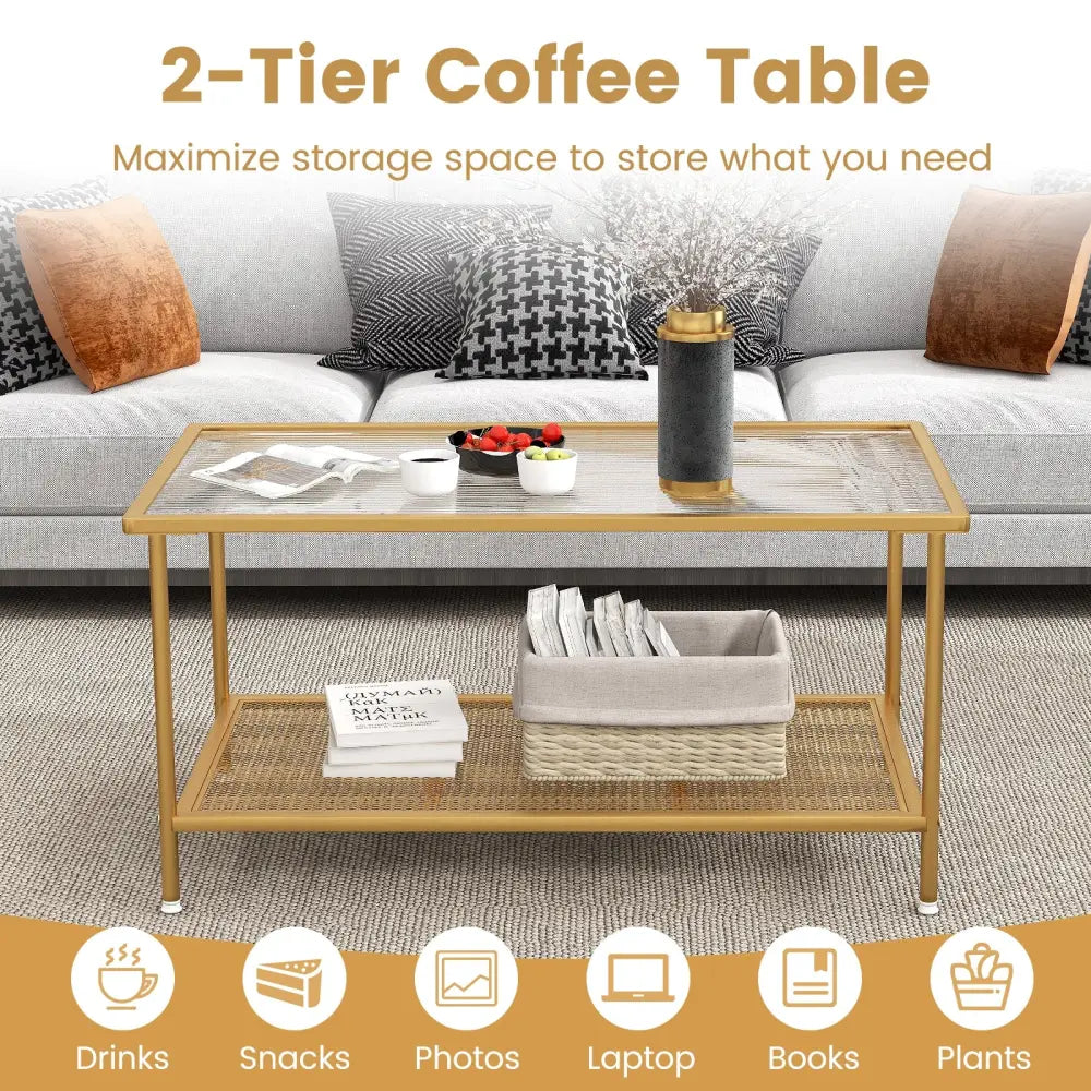 2-Tier Coffee Table with Shelf Center Tea Table with Tempered Glass Top-Golden - Golden - Coffee Tables