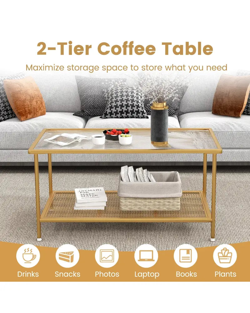 2-Tier Coffee Table with Shelf Center Tea Table with Tempered Glass Top-Golden - Golden - Coffee Tables