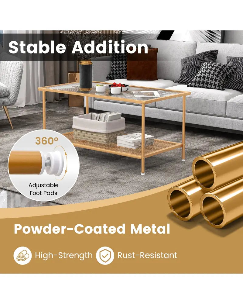 2-Tier Coffee Table with Shelf Center Tea Table with Tempered Glass Top-Golden - Golden - Coffee Tables