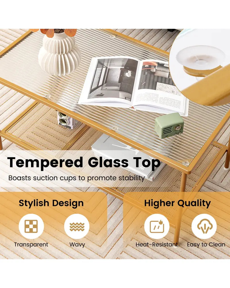 2-Tier Coffee Table with Shelf Center Tea Table with Tempered Glass Top-Golden - Golden - Coffee Tables