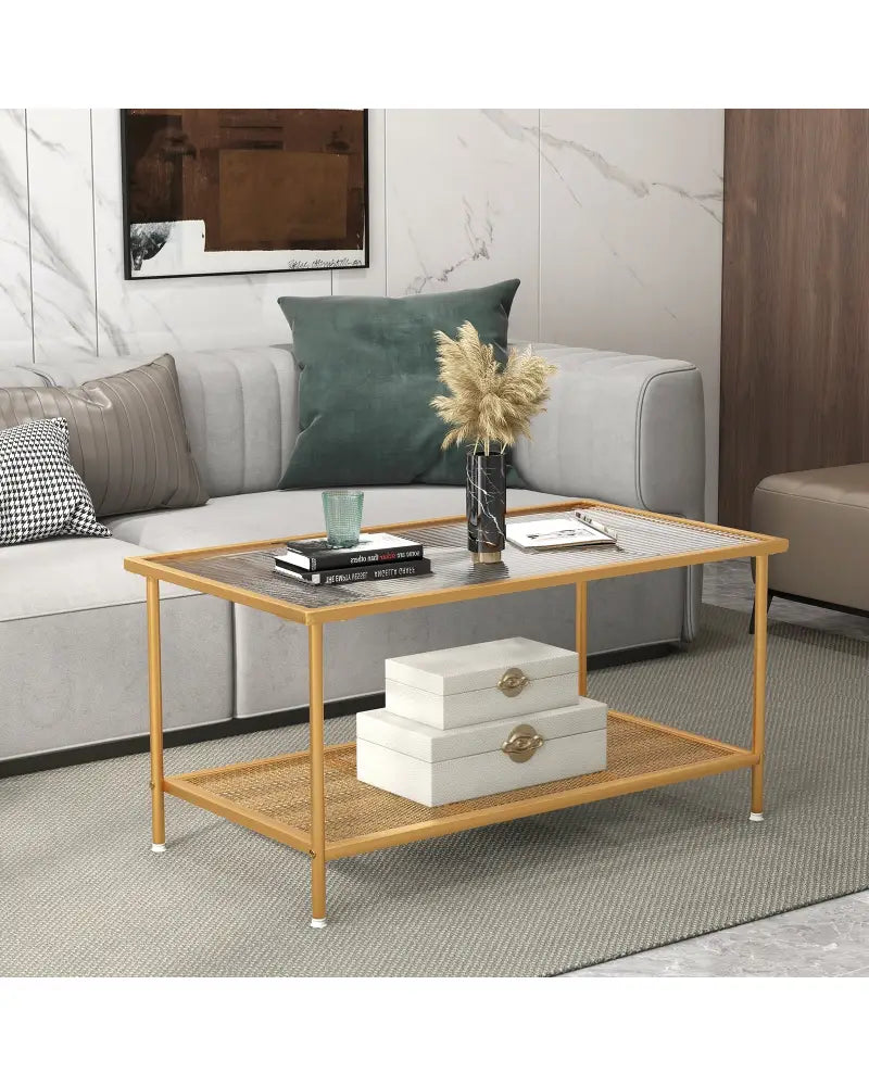 2-Tier Coffee Table with Shelf Center Tea Table with Tempered Glass Top-Golden - Golden - Coffee Tables