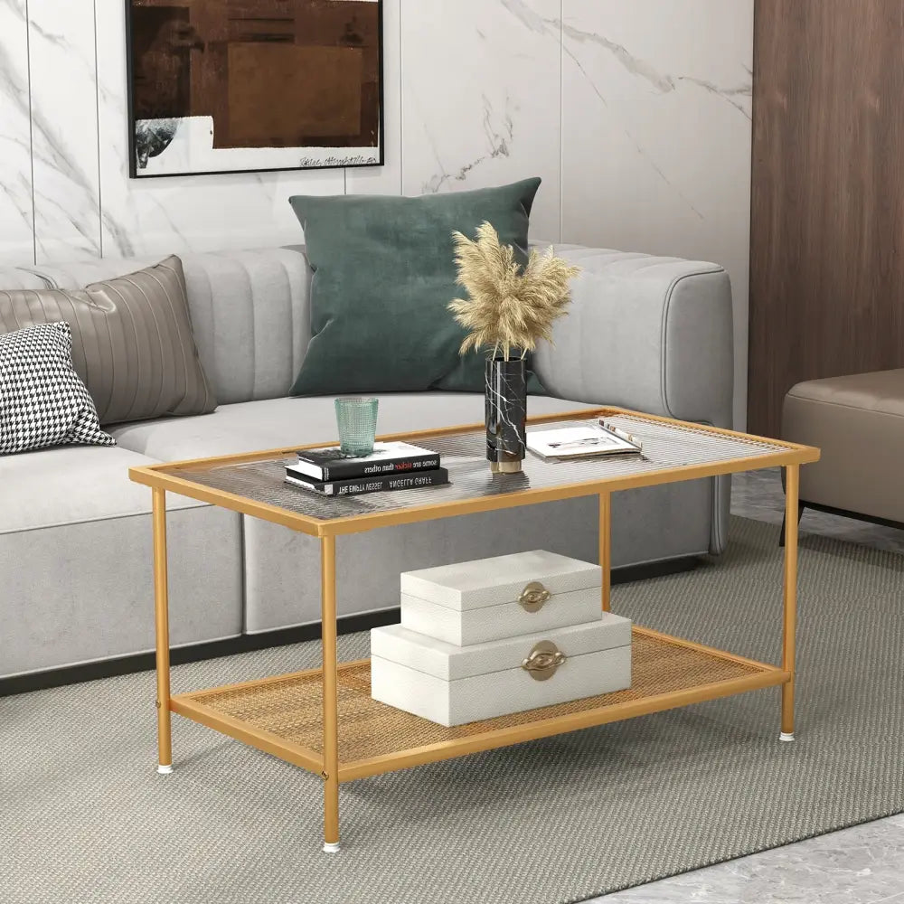 2-Tier Coffee Table with Shelf Center Tea Table with Tempered Glass Top-Golden - Golden - Coffee Tables