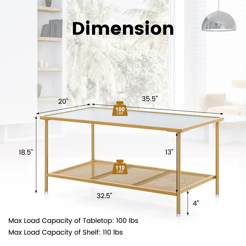 2-Tier Coffee Table with Shelf Center Tea Table with Tempered Glass Top-Golden Costway