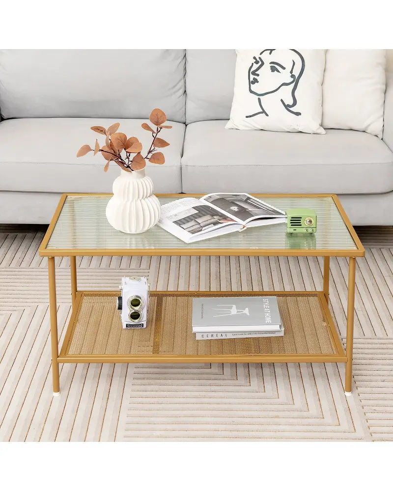 2-Tier Coffee Table with Shelf Center Tea Table with Tempered Glass Top-Golden - Golden - Coffee Tables