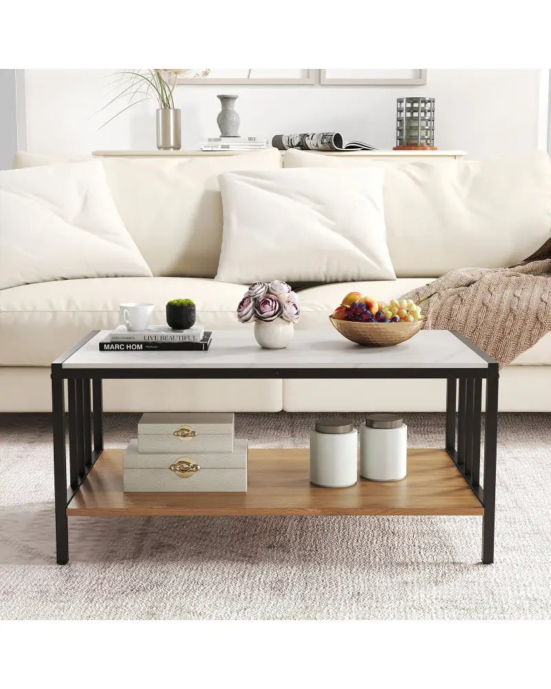 2 Tier Coffee Table with Sintered Stone Tabletop-White - White - Coffee Tables