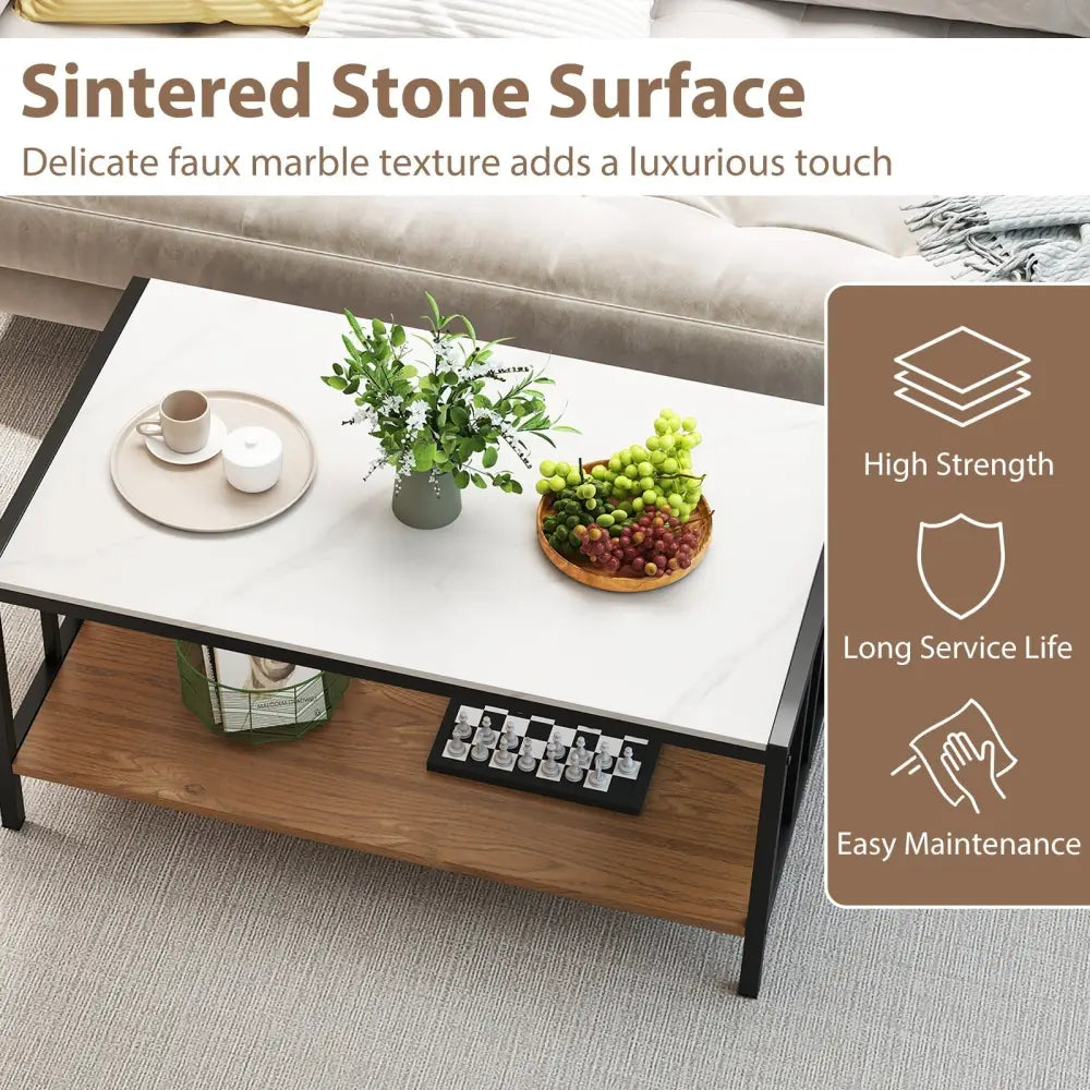 2 Tier Coffee Table with Sintered Stone Tabletop-White Costway
