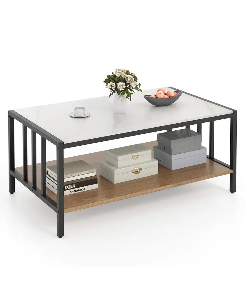 2 Tier Coffee Table with Sintered Stone Tabletop-White - White - Coffee Tables
