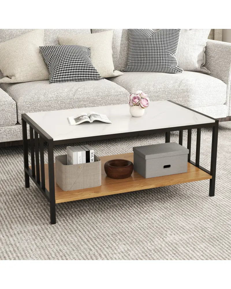 2 Tier Coffee Table with Sintered Stone Tabletop-White - White - Coffee Tables
