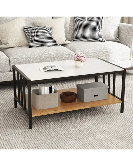 2 Tier Coffee Table with Sintered Stone Tabletop-White - White - Coffee Tables