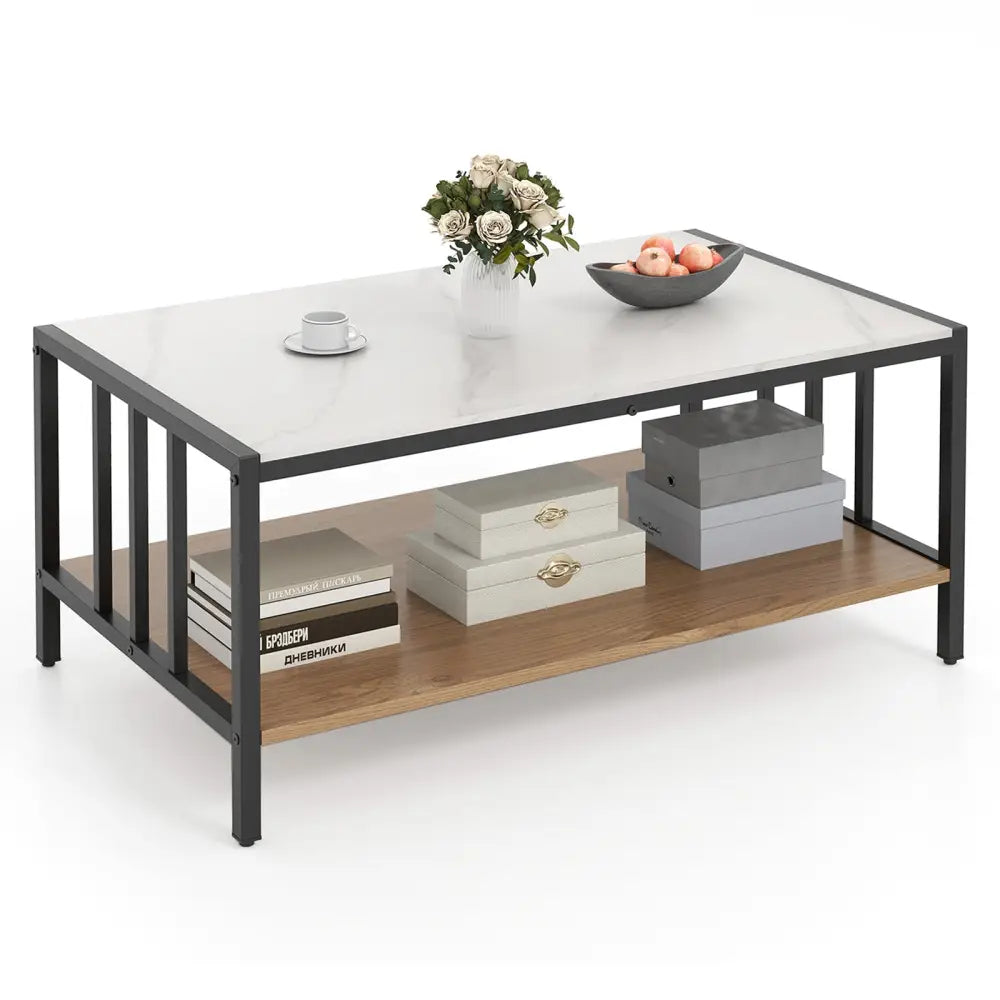 2 Tier Coffee Table with Sintered Stone Tabletop-White Costway