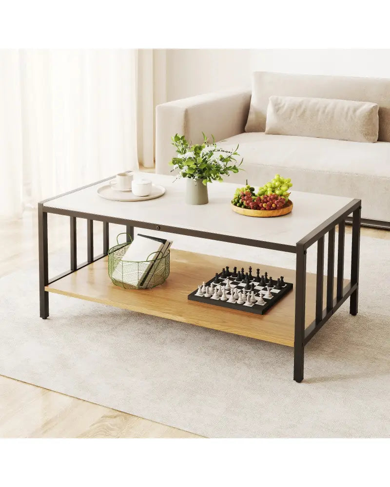 2 Tier Coffee Table with Sintered Stone Tabletop-White - White - Coffee Tables