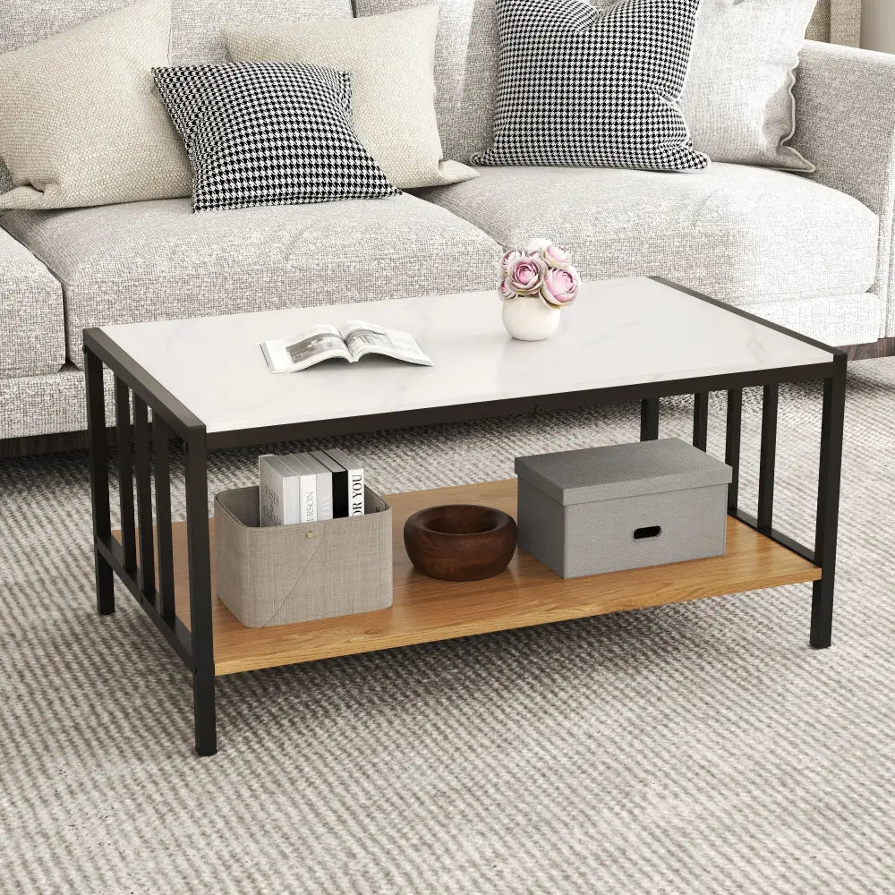 2 Tier Coffee Table with Sintered Stone Tabletop-White Costway