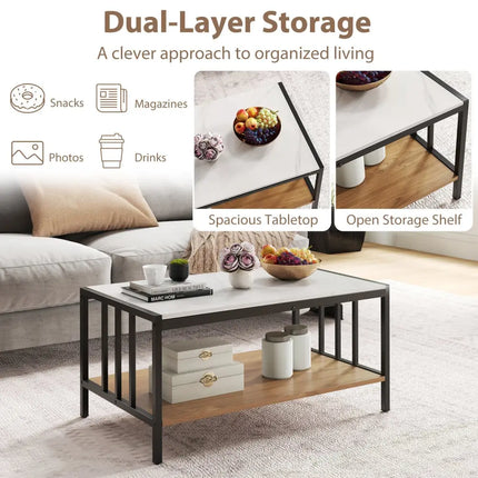 2 Tier Coffee Table with Sintered Stone Tabletop-White Costway