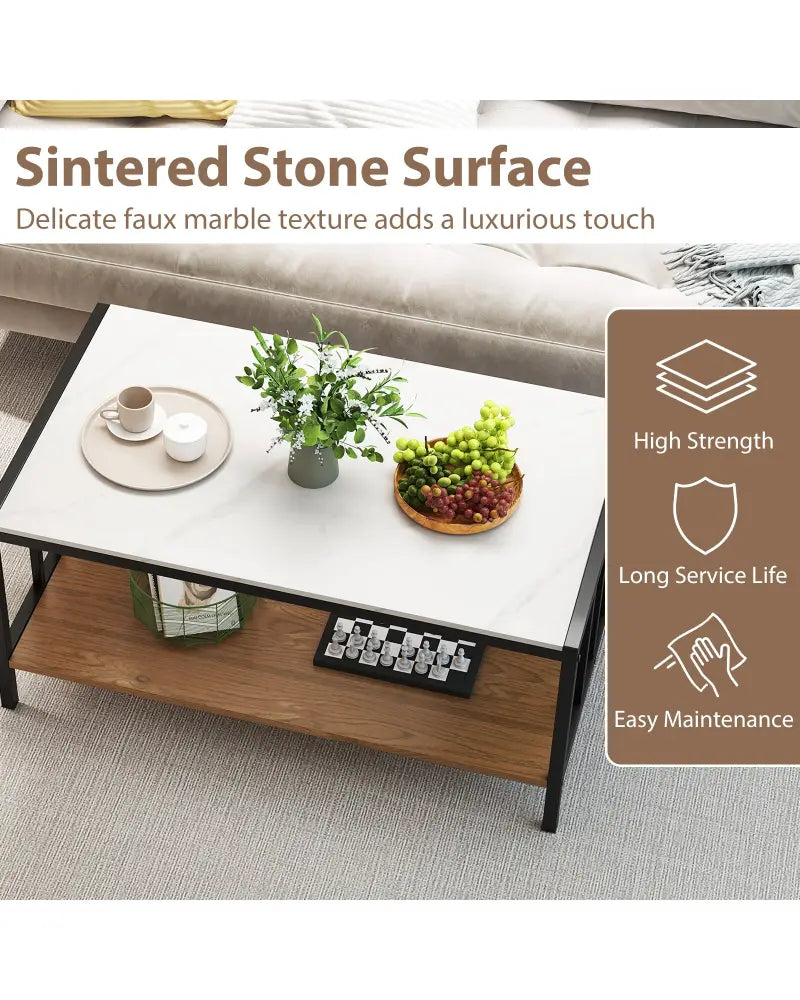 2 Tier Coffee Table with Sintered Stone Tabletop-White - White - Coffee Tables