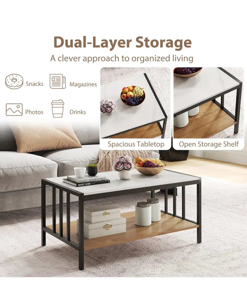 2 Tier Coffee Table with Sintered Stone Tabletop-White - White - Coffee Tables