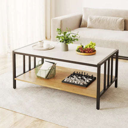 2 Tier Coffee Table with Sintered Stone Tabletop-White Costway