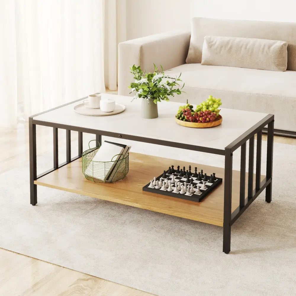 2 Tier Coffee Table with Sintered Stone Tabletop-White Costway