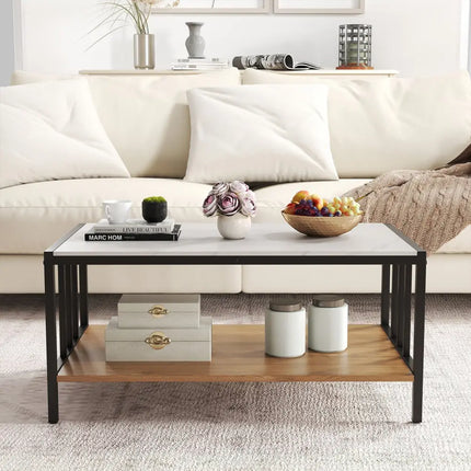 2 Tier Coffee Table with Sintered Stone Tabletop-White Costway
