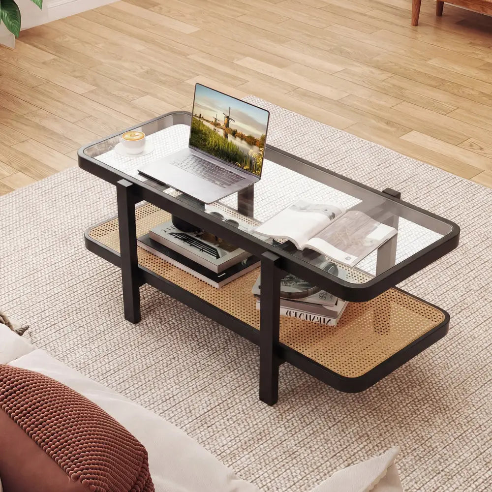 2-Tier Coffee Table with Storage and Tempered Glass Tabletop-Black - Black - Coffee Tables
