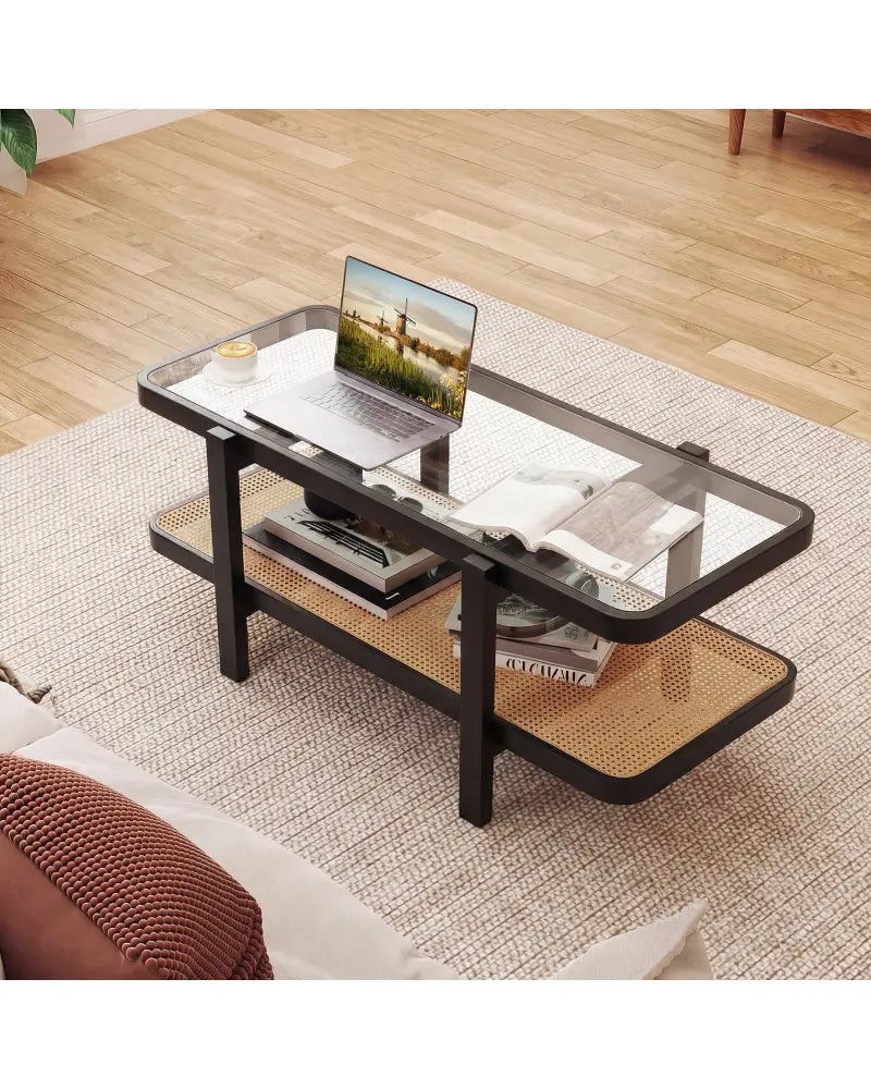 2-Tier Coffee Table with Storage and Tempered Glass Tabletop-Black - Black - Coffee Tables