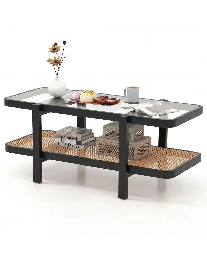 2-Tier Coffee Table with Storage and Tempered Glass Tabletop-Black - Black - Coffee Tables